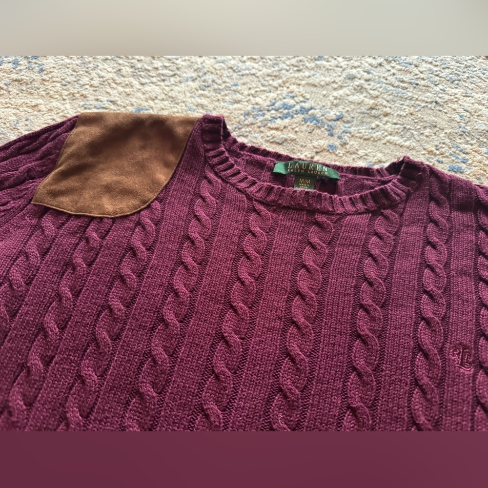 Ralph Lauren Cotton Cable Knit Crewneck Sweater with Suede/Leather Patch - Plum - Picture 4 of 6